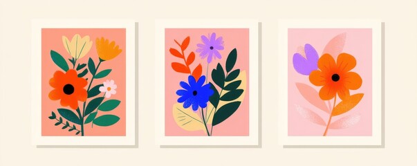 Three stylized floral prints, featuring bold colors and simplified forms on a soft pink background