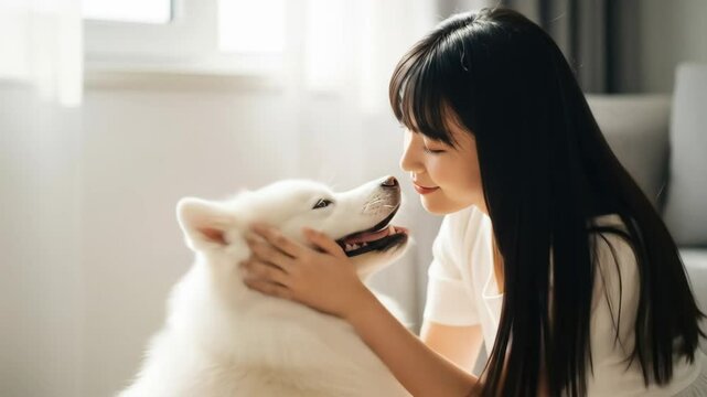 Asian woman playing with her white dog at home. Happy female owner petting fluffy pet inside domestic room footage.