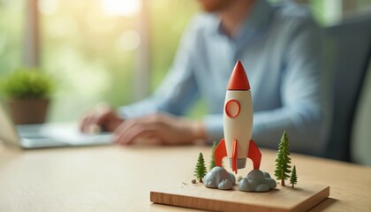 Miniature rocket on wooden base innovation ambition business. Startup concept, launching project idea. Businessman working in office, future goal, success. Development, investment, creative design,