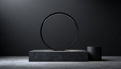 Dark studio shot of a minimalist scene featuring a black circular frame atop a concrete platform, accompanied by a small cylindrical object