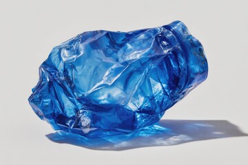 An irregularly shaped, translucent blue glass sculpture rests on a light gray surface, casting a subtle shadow; its surface exhibits folds and wrinkles