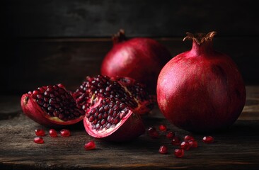 Two whole pomegranates and several cut sections revealing vibrant red arils, artfully arranged on a dark wooden surface, low-key lighting
