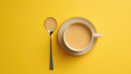 Overhead shot of a beige teacup and saucer with a creamy beverage, accompanied by a spoon with a dribble of liquid, all set against a vibrant yellow background