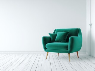 Teal velvet armchair sits against a white wall in a minimalist room with white wood floors