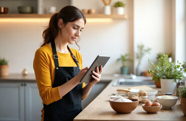 Brunette woman streaming cooking class in home kitchen, smiles using digital tablet. Female cook preparing meal. Indoor daylight shot, homemade food recipes. Kitchen background, joy, casual attire,