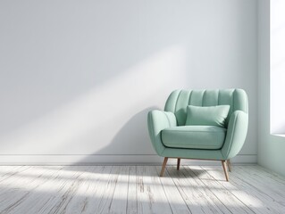 Pale green armchair in minimalist white room, sunlit, hardwood floors
