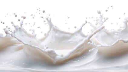 Dynamic white liquid splash against a stark white background, showcasing texture and movement in a vibrant, high-contrast composition