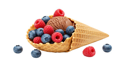 Waffle cone filled with blueberries raspberries and chocolate isolated on transparent background