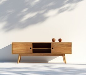 Light wood mid-century modern media console with two doors, a shelf, and tapered legs sits against a white wall dappled with shade