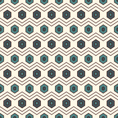 Zigzag seamless pattern. Hexagon mosaic tiles ornament. Ethnic surface print. Repeated geometric figures background. Ornamental wallpaper. Modern geo design digital paper. Vector abstract art
