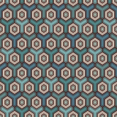 Honeycomb seamless pattern. Hexagon mosaic tiles ornament. Ethnic surface print. Repeated geometric figures background. Ornamental wallpaper. Modern geo design digital paper. Vector abstract art