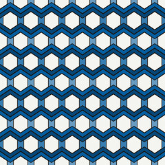 Zigzag seamless pattern. Hexagon mosaic tiles ornament. Ethnic surface print. Repeated geometric figures background. Ornamental wallpaper. Modern geo design digital paper. Vector abstract art