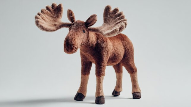 A soft and cuddly stuffed moose toy stands on a white backdrop, showcasing its endearing design and inviting texture. - Powered by Adobe