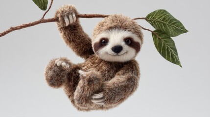 A delightful sloth hangs playfully from a tree branch, its charming smile radiating pure joy and capturing the essence of nature's gentle creatures.