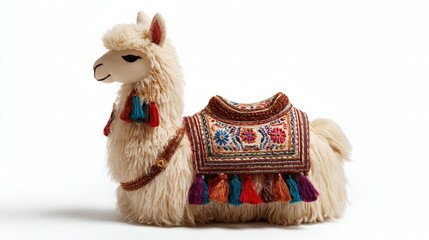 Adorable stuffed alpaca with ornate saddle featuring colorful embroidery and tassels, radiating charm and craftmanship.