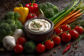 Ultra-Realistic Assorted Vegetables with Yogurt Dip