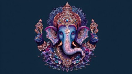 Intricately designed illustration of a blue-skinned deity with an elephant head, adorned with a crown and jewels on a dark blue backdrop.