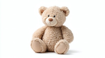Fototapeta premium A fluffy tan teddy bear sits upright against a white background, its friendly smile conveying warmth and comfort, like a loyal companion.