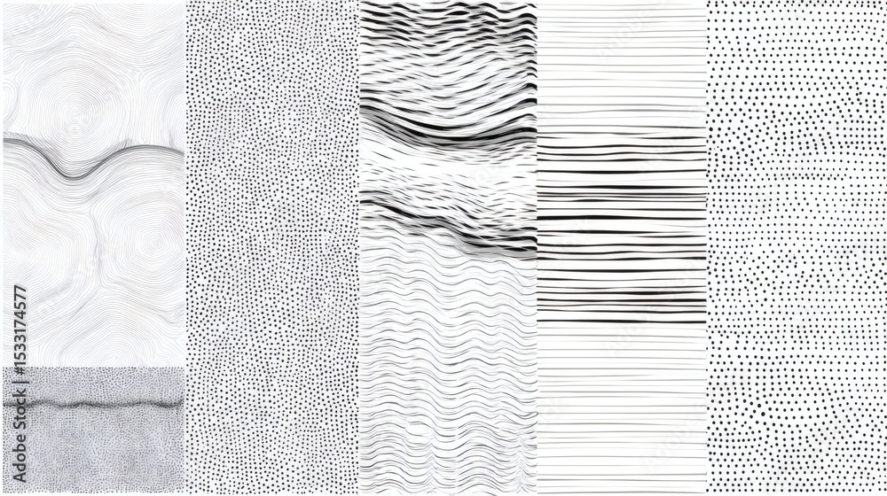 Fototapete an array of five distinct textures, each rendered in grayscale and showcasing a variety of patterns,