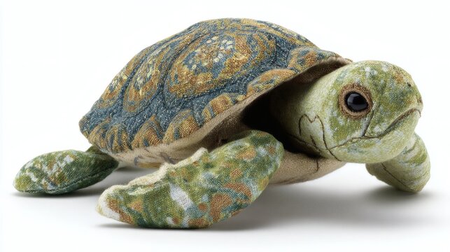 Close-up shot of a textile sea turtle toy, showcasing its intricate pattern and realistic features against a clean, bright background.