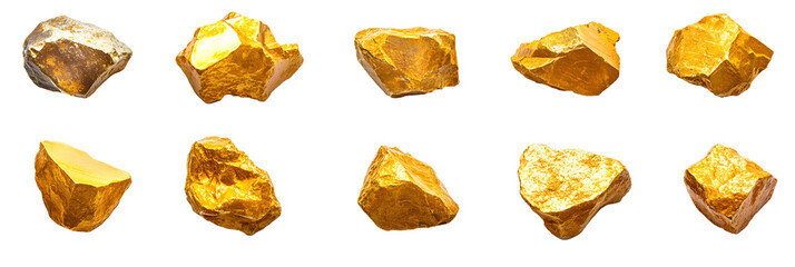 Pure gold nugget rock specimen PNG bundle: precious stone graphics with transparent background,...