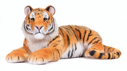 Obraz premium Captivating plush tiger laying peacefully on a stark white backdrop, showcasing its majestic orange and black stripes, radiating charm.