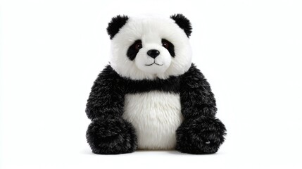 A cute panda bear plush toy is centered against a white backdrop, exhibiting its soft texture and cuddly appearance.