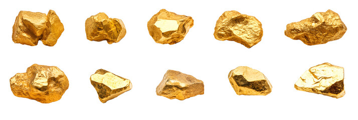 Pure gold nugget rock specimen PNG bundle: precious stone graphics with transparent background,...