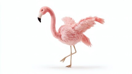 A fluffy flamingo toy poses on a bright white background, standing on one leg, it's pink plush plumage playfully tousled.
