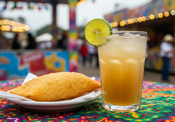 A vibrant combo of traditional Brazilian pastel and chilled sugarcane juice with a green lime wedge, placed on colorful fabric in an outdoor fair setting.