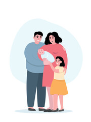 Happy family with children together. Parents with baby and daughter. Vector flat graphics.