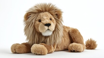 Soft plush lion toy with tan fur and a shaggy mane, lying down on a white surface, evoking comfort and playful imagination.