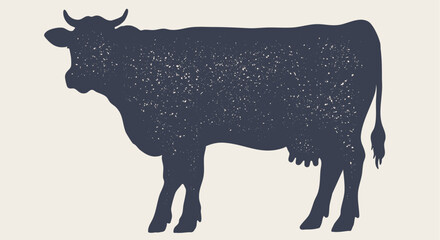 Cow, bull, beef. Hand drawn silhouette style. Vintage cow, black white pencil sketch drawing. Cow bull artwork sketch, beef bull side view profile, retro livestock graphic. Vector Illustration