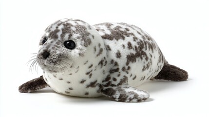 A plush spotted seal pup is on a white surface. Its grey and white coat is soft and huggable, making it the perfect cuddly friend.