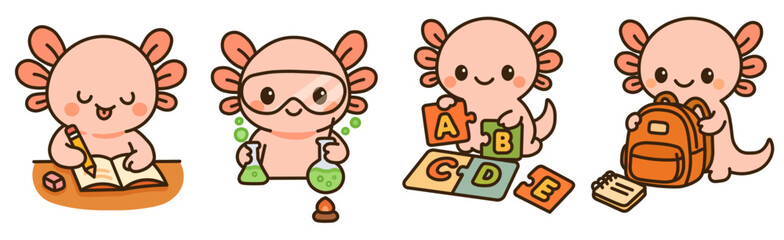 Cute cartoon axolotl going back to school, studying, doing science experiments, playing with alphabet puzzle, and packing backpack. Kawaii education theme for kids and students.