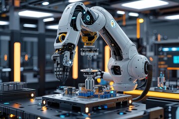 Advanced Robotic Arm Assembling Parts in a High-Tech 3D Workstation Environment