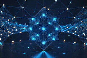 Illuminated Digital Universe with Geometric Patterns in Deep Blue and Sparkling Dots