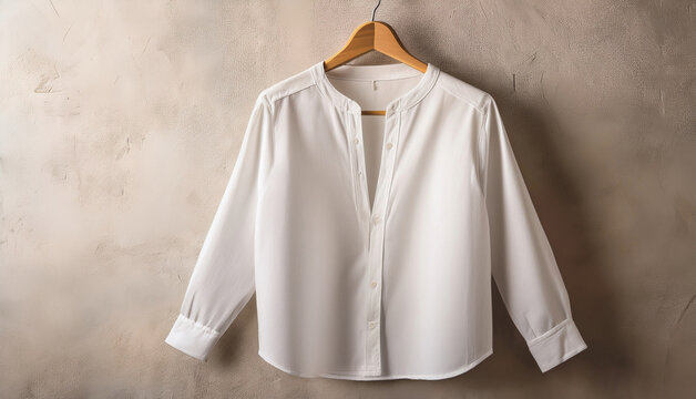 A white button-down shirt hanging on a wooden hanger