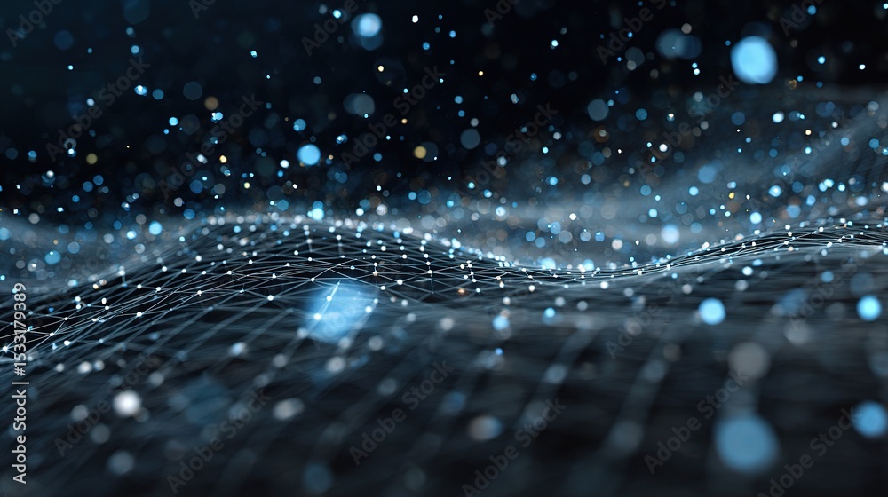 Poster 3d abstract science concept with wireframe and particles in motion