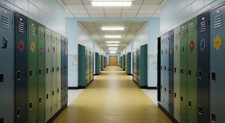 Empty School Hallway with Lockers A Serene Educational Setting