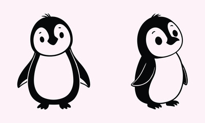 Cute Baby Penguin Vector, Animal Clipart in Silhouette on White Background