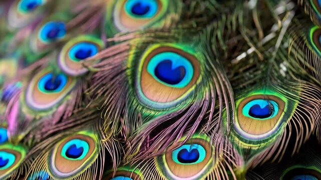 Close up of vibrant peacock feathers with detailed iridescent eyespots, colorful plumage and intricate patterns in a layered arrangement.
