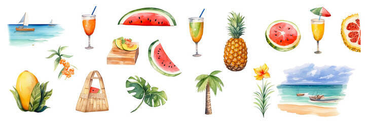 Watercolor tropical summer clipart set with cocktails, fruits, palm trees, beach scenes, and floral elements. Perfect for summer designs and invitations.