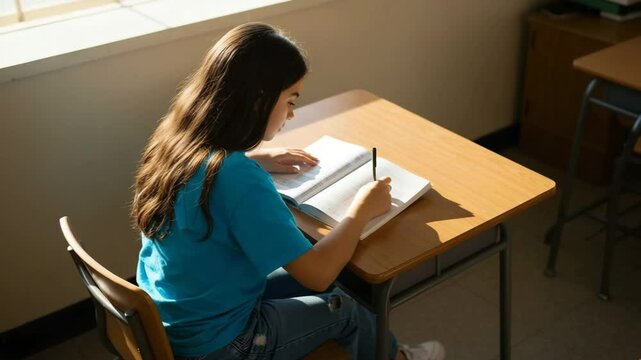 Girl student studying at desk in classroom. Young girl diligently writing in notebook. Focused student concentrating on her studies. This image is perfect for educational video projects.