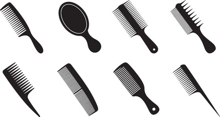 A collection of black silhouette hair combs and a mirror isolated on white background