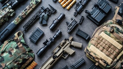 Assault rifle and accessories laid out