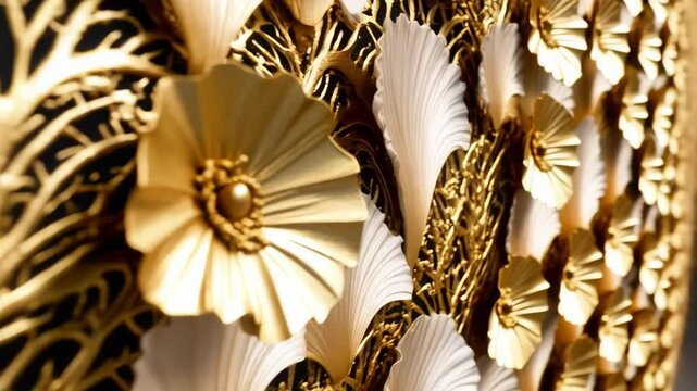 Elegant floral arrangement featuring white fan shapes and golden botanical accents on a dark backdrop for luxurious artistic display