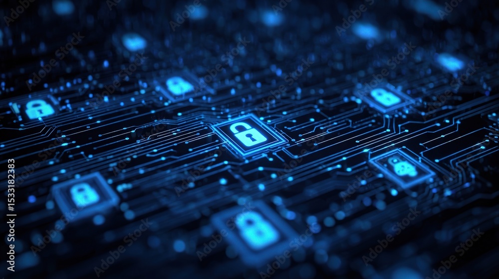 Poster abstract illustration of secure network with padlocks and data flow