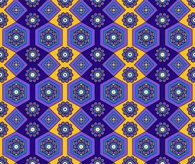 Purple Yellow Blue Floral Geometric Seamless Repeat