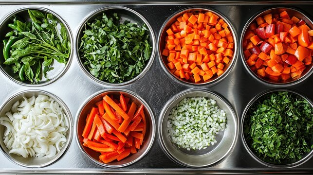 Professional knife skills demonstration showing various vegetable cuts from whole to brunoise, dice, mince and chiffonade arranged on stainless steel prep surface in restaurant kitchen